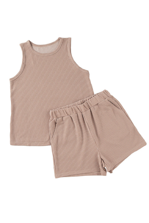 Smoke Gray Corded Sleeveless Top and Pocketed Shorts Set