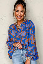 Blue Floral Print Batwing Sleeve Buttoned Loose Fit Shirt