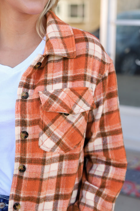 Orange Plaid Button-Up Flap Pocket Jacket