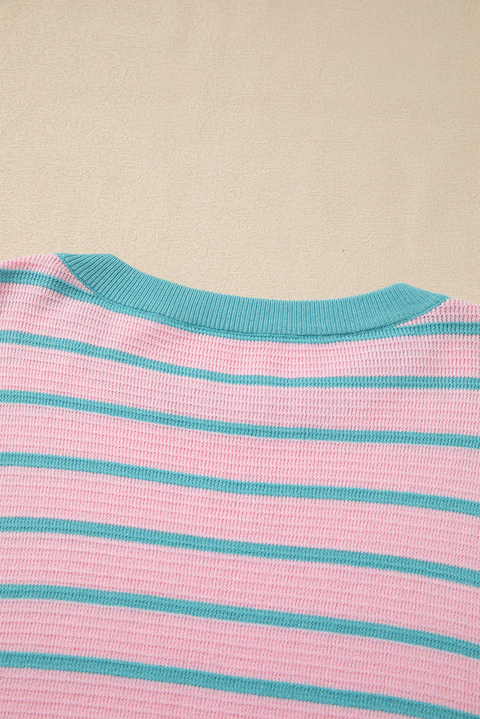 Pink Stripe Trimmed Round Neck Drop Shoulder Loose Sweater