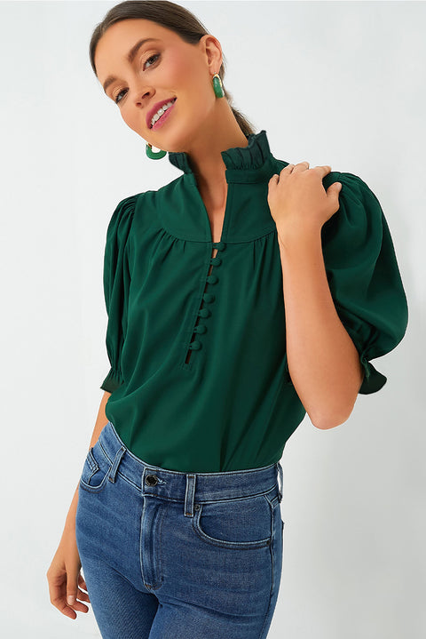 Blackish Green Solid Puff Sleeve Frilled Trim Elegant Blouse