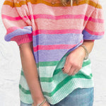 Rose Red Colorful Stripe Bubble Short Sleeve Sweater