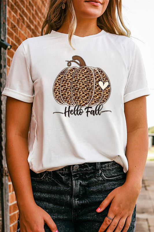 Camiseta blanca con gráfico de calabaza y leopardo de Hello Fall