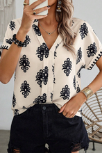 Black Geometric Print Short Sleeve V Neck Blouse