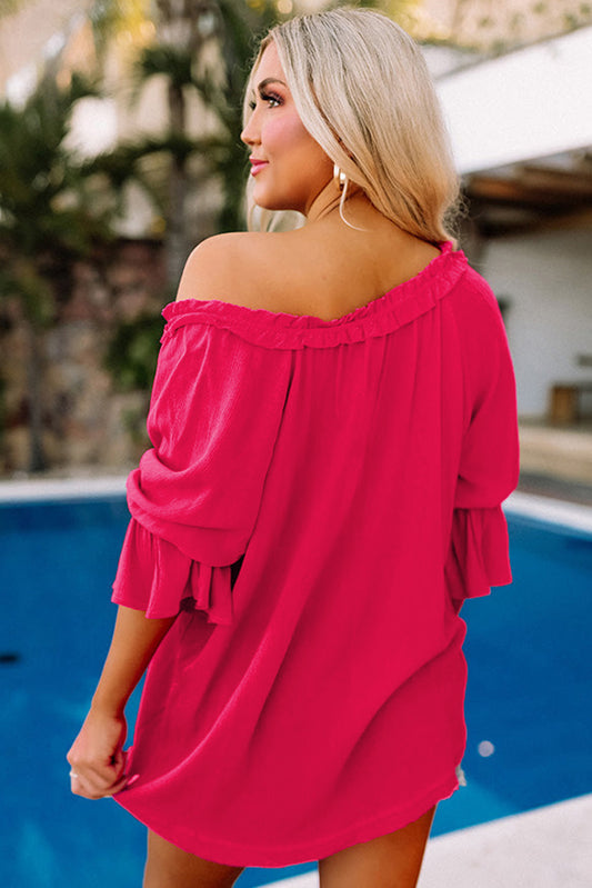 Frilled Split V Neck Ruffled Sleeve Shift Top