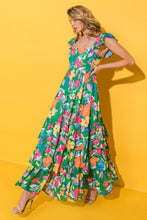 Green Floral Print Sleeveless Ruffle Tiered Maxi Dress