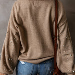 Smoke Gray Pearled Drop Shoulder Round Neck Sweater