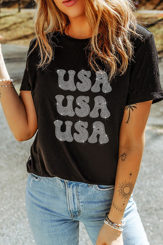 Black Rhinestone USA Graphic Crewneck T Shirt