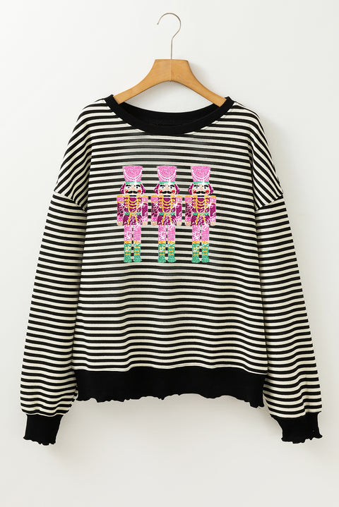 Black Stripe Sequined Nutcracker Doll Drop Shoulder Baggy Long Sleeve Top