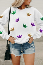 White Mardi Gras Crown Sequined Patch Crew Neck Sweatshirt