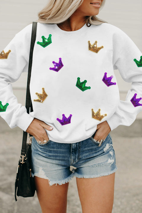 White Mardi Gras Crown Sequined Patch Crew Neck Sweatshirt