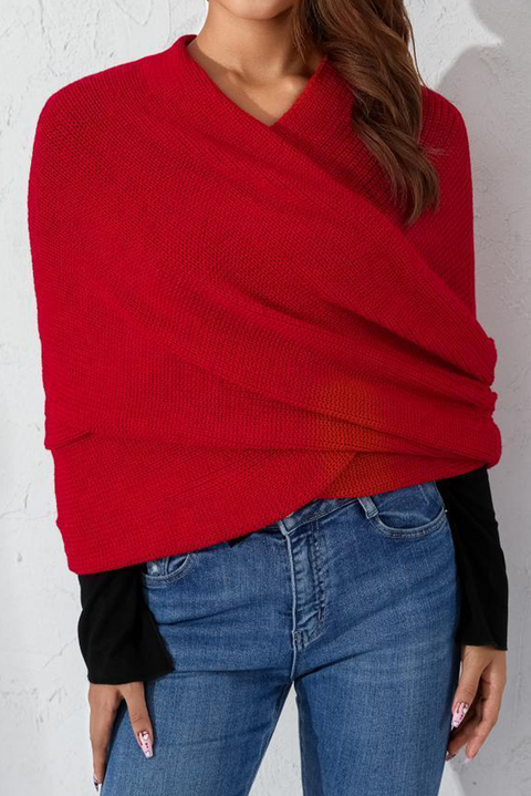 Fiery Red Wrap Up Sleeved Plain Knit Scarf