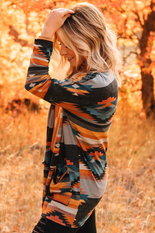 Orange Western Tribal Aztec Print Cardigan