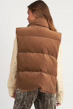 Coffee Corduroy Stand Neck Zipped Puffer Vest