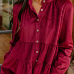 Burgundy Corduroy Ruffle Tiered Buttoned O Neck Shirt