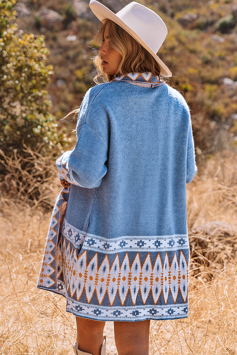 Gray Aztec Print Open Front Knitted Cardigan