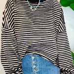 Black Stripe Loose Drop Shoulder Long Sleeve Top