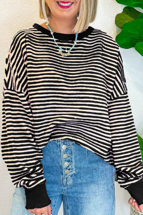 Black Stripe Loose Drop Shoulder Long Sleeve Top