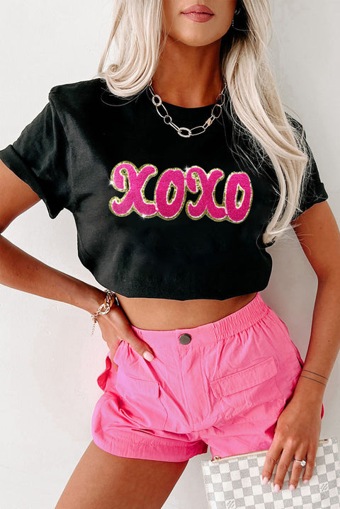 Black xoxo Glitter Chenille Graphic Valentines T-shirt