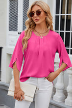 Bright Pink Pleated Round Neck Petal Sleeve Blouse