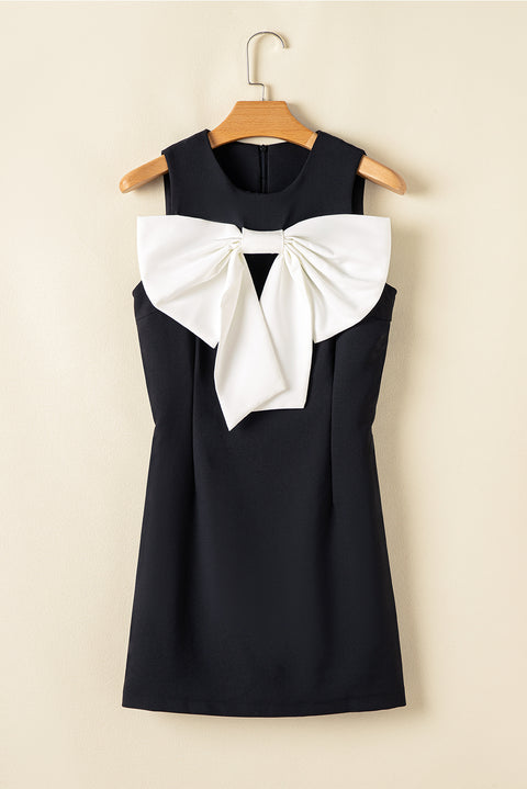 Black Contrast Bowknot Applique Crew Neck Sleeveless Mini Dress