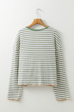 Green Stripe Textured Frilly Trim Buttons Henley Long Sleeve Top