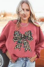 Strawberry Pink Checkered Bow Print Ribbed Crew Neck Pullover Sweatshirt