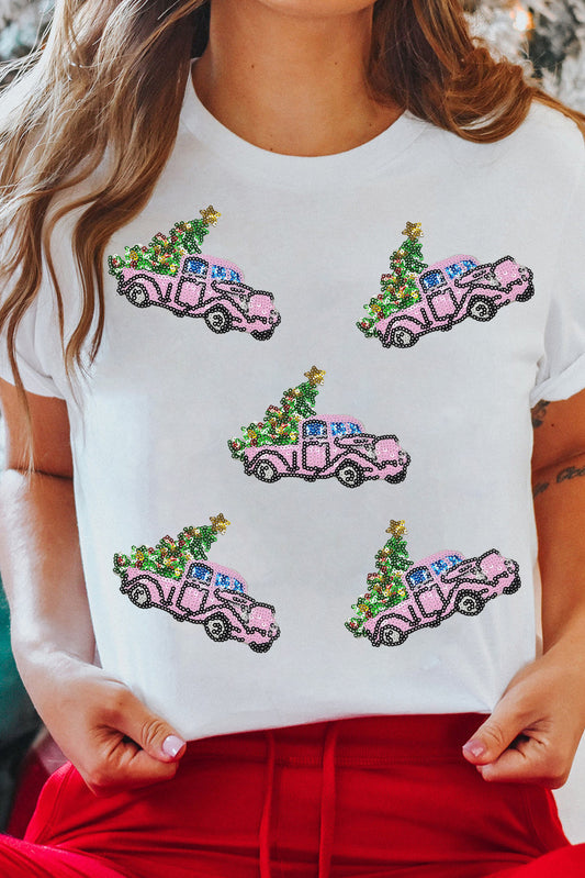 White Truck Christmas Trss Patched Pattern Crewneck Tee