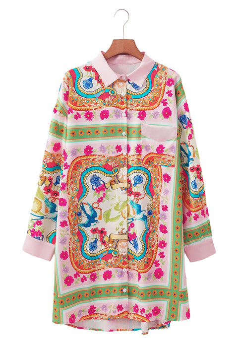 Multicolour Boho Floral Print Buttoned Long Sleeve Shirt Dress