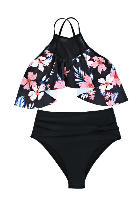 Bikini con empalme floral de malla