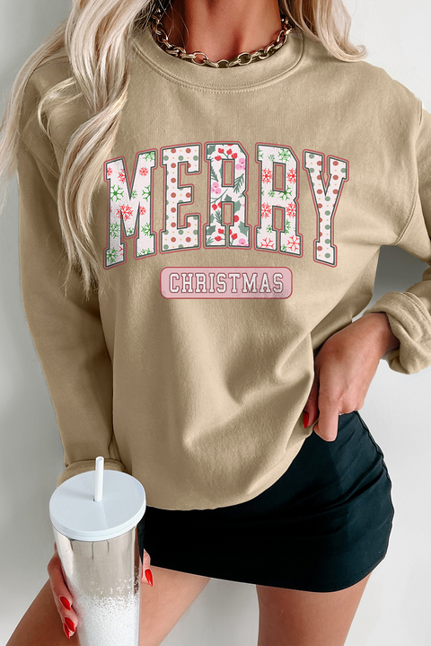 Khaki MERRY CHRISTMAS Wonderful Letter Graphic Sweatshirt