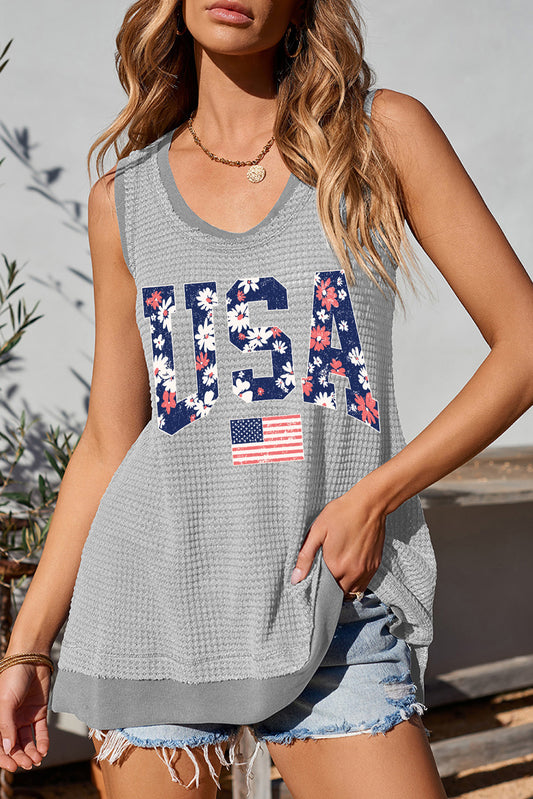 Philippine Gray Textured Floral USA Flag Graphic U Neck Shift Tank Top