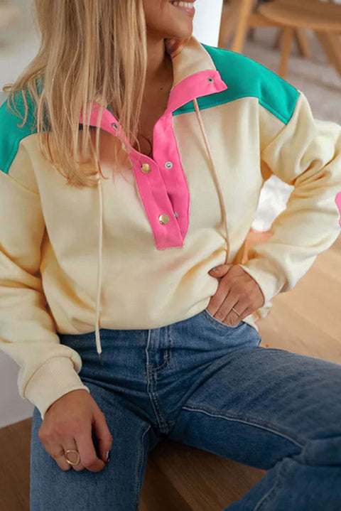 Apricot Color Block Elbow Patch Half Button Sweatshirt