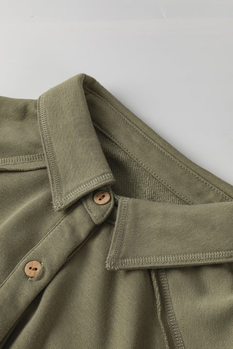 Moss Green Waffle Knit Patchwork Exposed Seam Loose Shacket