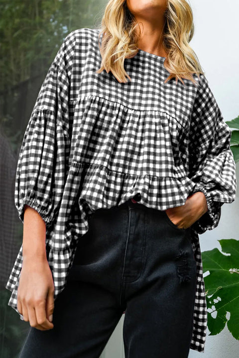 Black Checkered Puff Sleeve Tiered Loose Babydoll Blouse