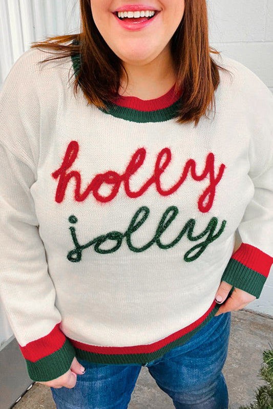 White Tinsel holly jolly Pattern Colorblock Edge Drop Shoulder Plus Size Sweater