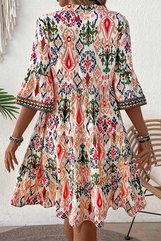 Multicolour Boho Print V Neck Bracelet Sleeve Mini Dress