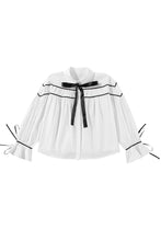 White Black Pipping Ribbon Bowtie Collared Ruffled Puff Sleeve Shirt