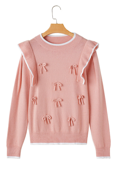 Light Pink Ruffled Bowknot Ribbed Trim Long Sleeve Sweater