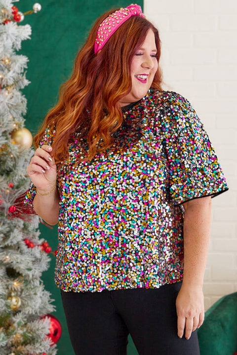 Silvery Vibrant Sequin Plus Size Short Sleeve Top