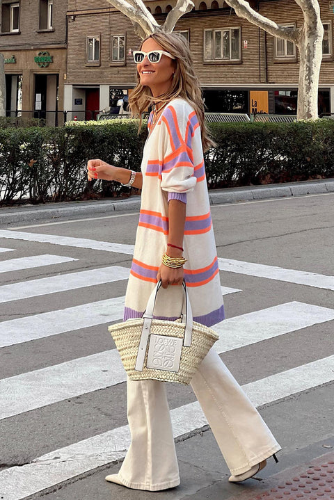 Beige Plus Size Striped Dropped Shoulder Sweater Cardigan