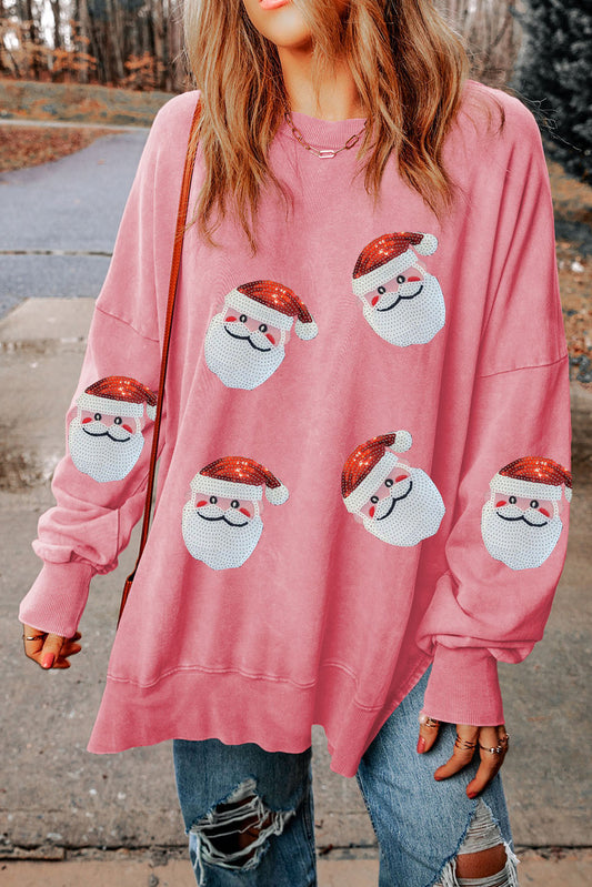 Sudadera con abertura y gráfico de Papá Noel con lentejuelas rosa