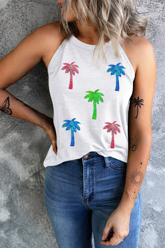 White Sequin Coconut Tree Graphic Tank Top