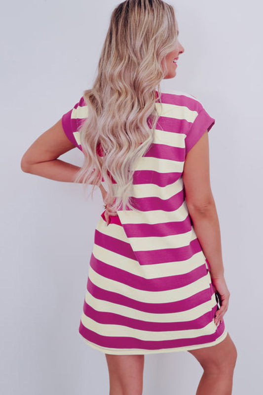 Rose Stripe Cap Sleeve Pocketed Shift T-shirt Dress