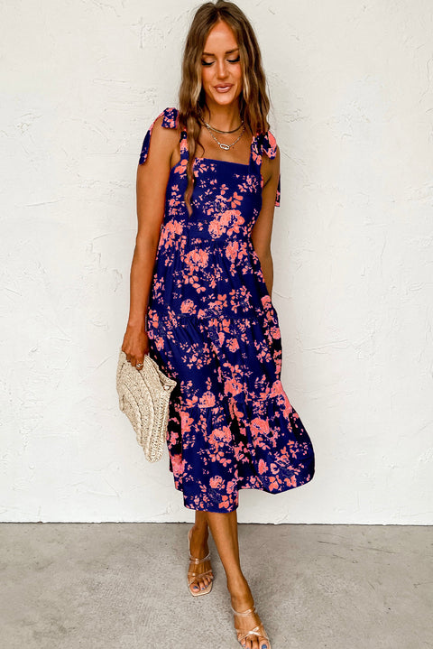 Blue Tie Shoulder Straps Tiered Floral Dress