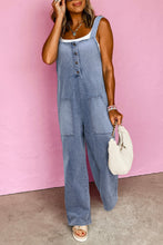 Stone Blue Washed Denim Half Buttons Patched Pocket Wide Leg Overalls