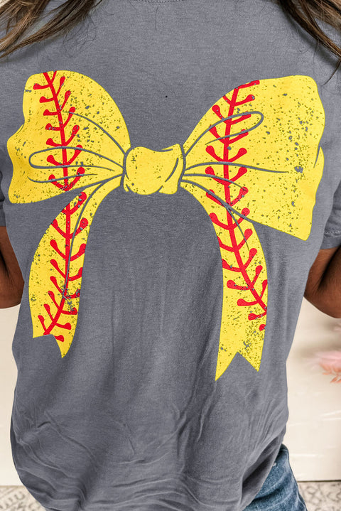 Gray Baseball Bowknot Graphic Casual Tee