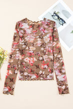 Red Floral Print Sheer Mesh Long Sleeve Top