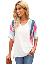 Stripe Patchwork V Neck T Shirt