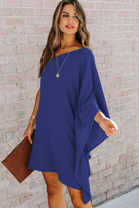 Blue Solid Color One Shoulder Batwing Sleeve Mini Dress